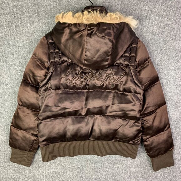 Ecko Red Womens Y2k Real Racoon Fur Hood Zip Puffer‎ Jacket Streetwear Size M - Picture 2 of 13